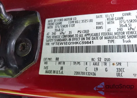 2017 Ford F-150 Xlt из США, поврежденный, VIN 1FTEW1EG1HKC59841